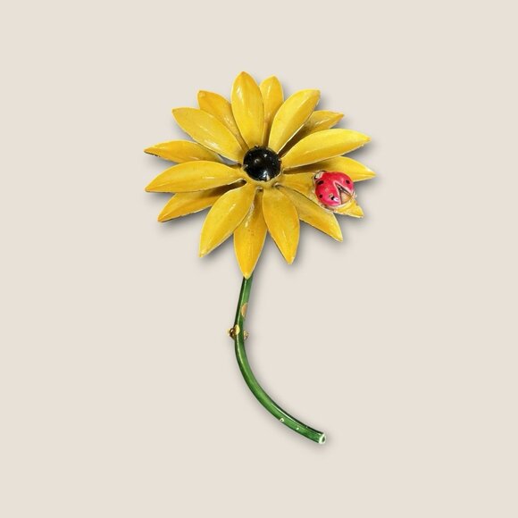 Estate Vintage Original by Robert Metal Yellow Flower Ladybug Brooch Pin 3.5” - Picture 1 of 5